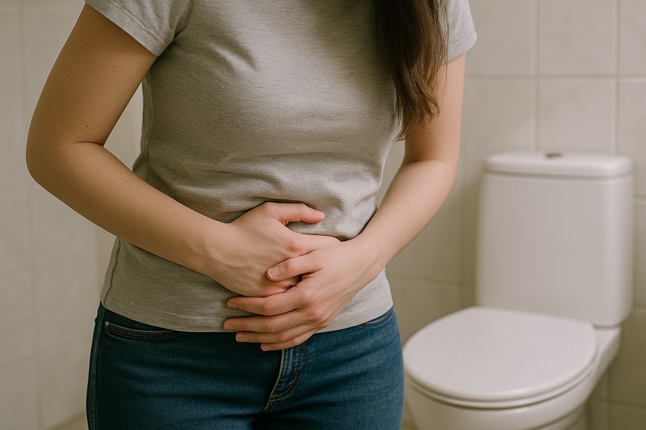 トイレの前でお腹を押さえる人