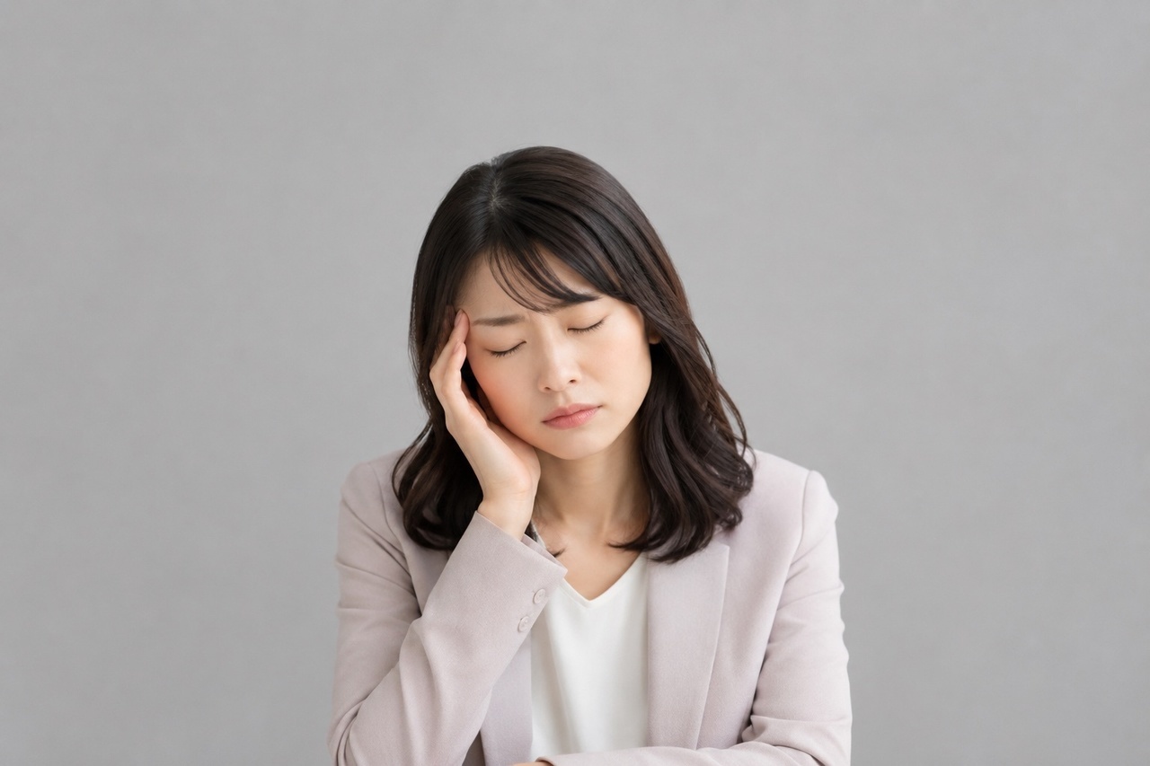 こめかみを抑える女性