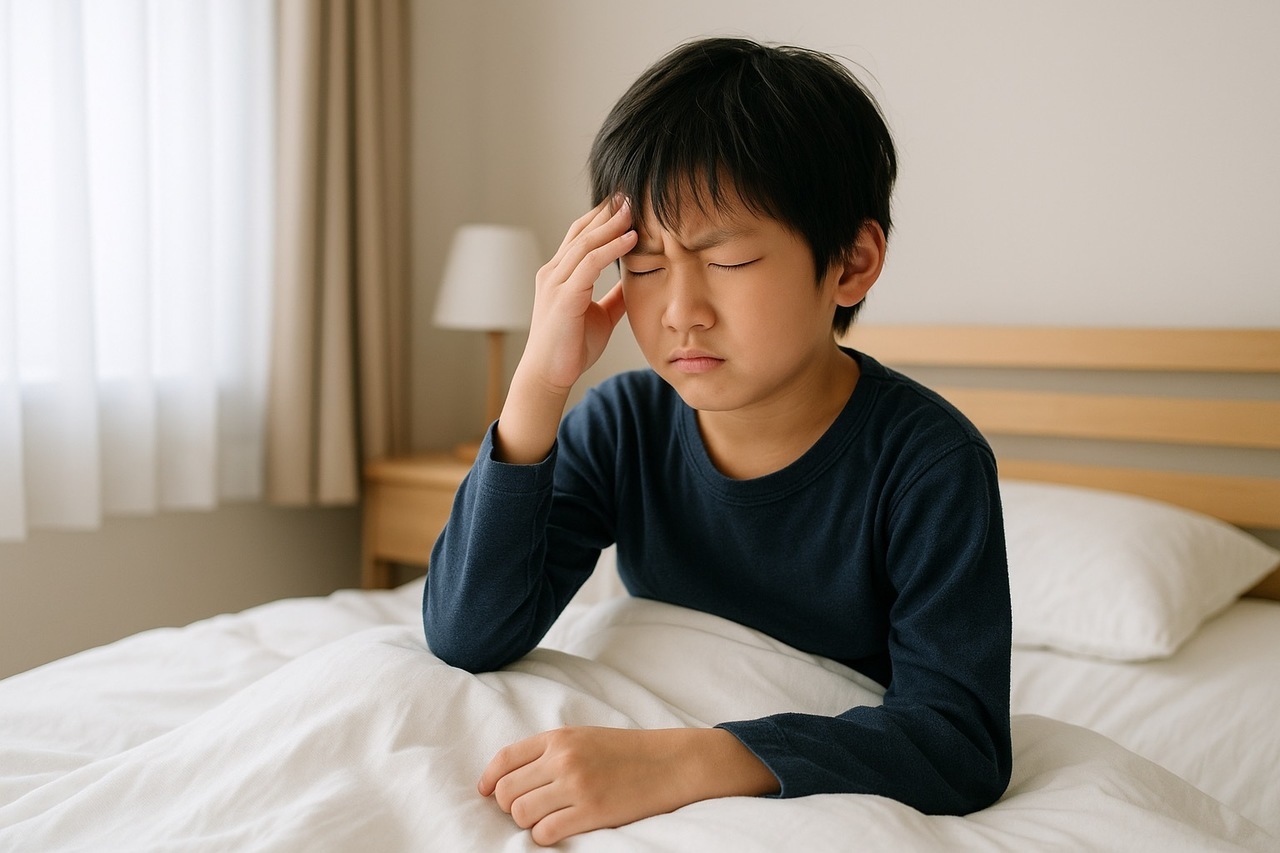 ベッドの上でこめかみを押さえる男の子